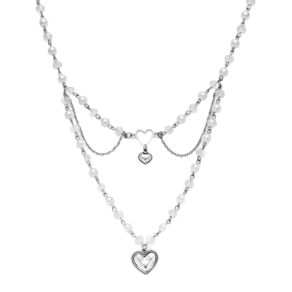Women's retro alloy love heart pendant necklace with multi-layer pearl chain and double-layer heart design