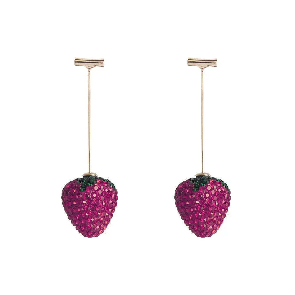 Red geometric strawberry stud earrings with spot drill finish, zinc alloy construction