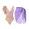 Women's solid colour one-piece swimsuit with spaghetti straps and a separate skirt.