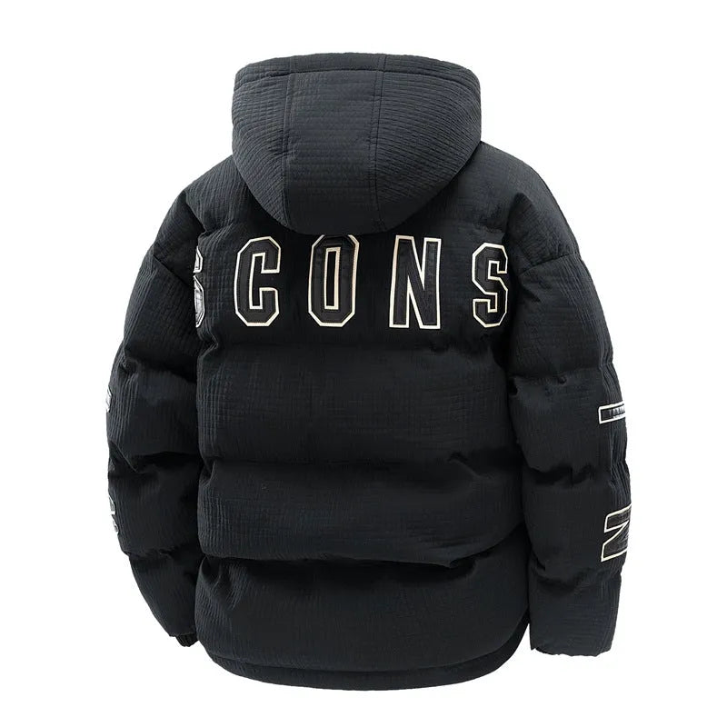 Men's black padded hooded coat with Korean-style letter-print and side pockets.