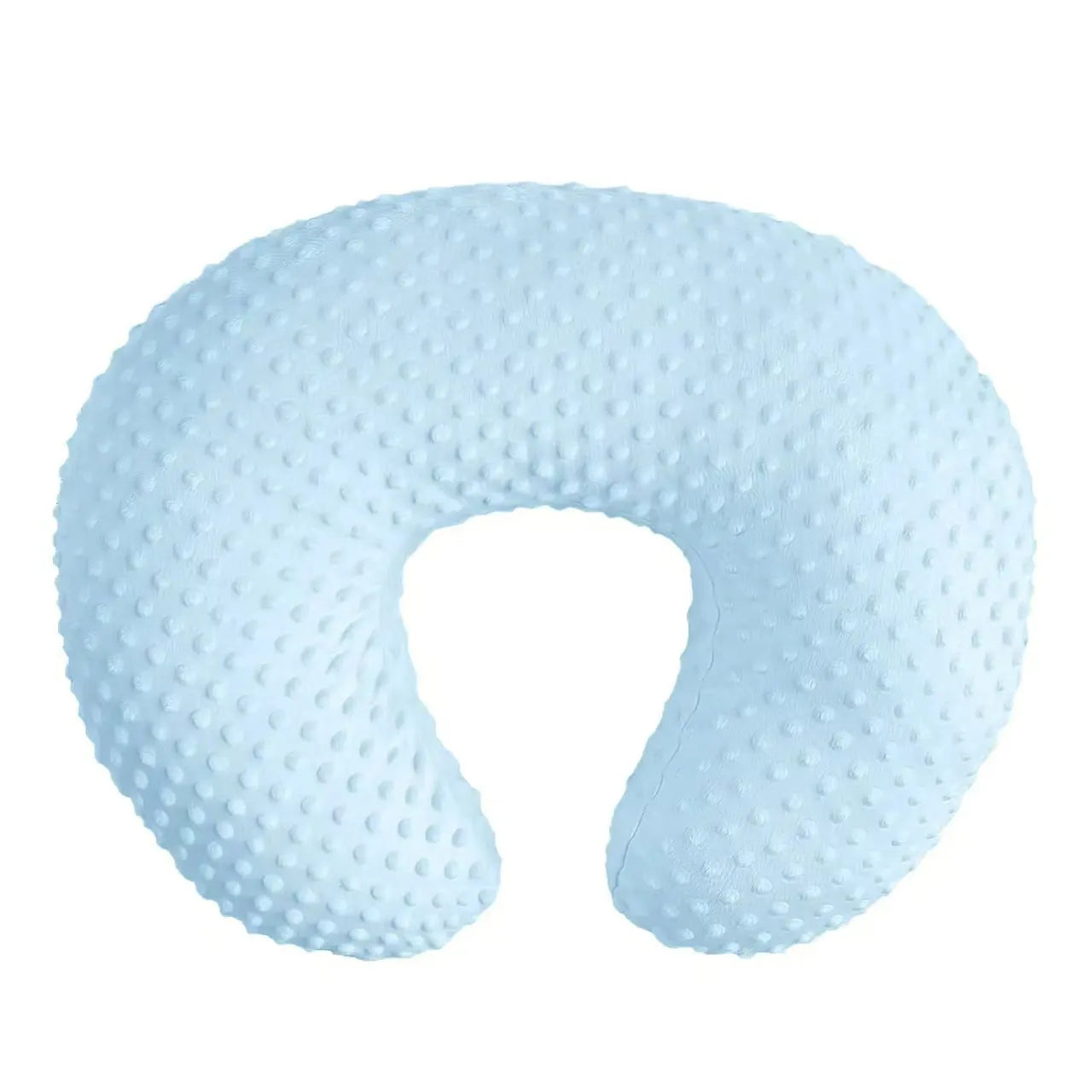 Grey nursing pillow for breastfeeding with removable cover on a neutral background
