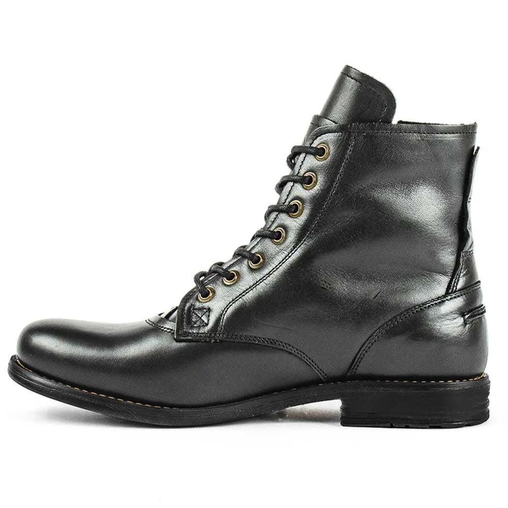 Knight Series black leather men's boots with a side zipper and low heel on a plain background.
