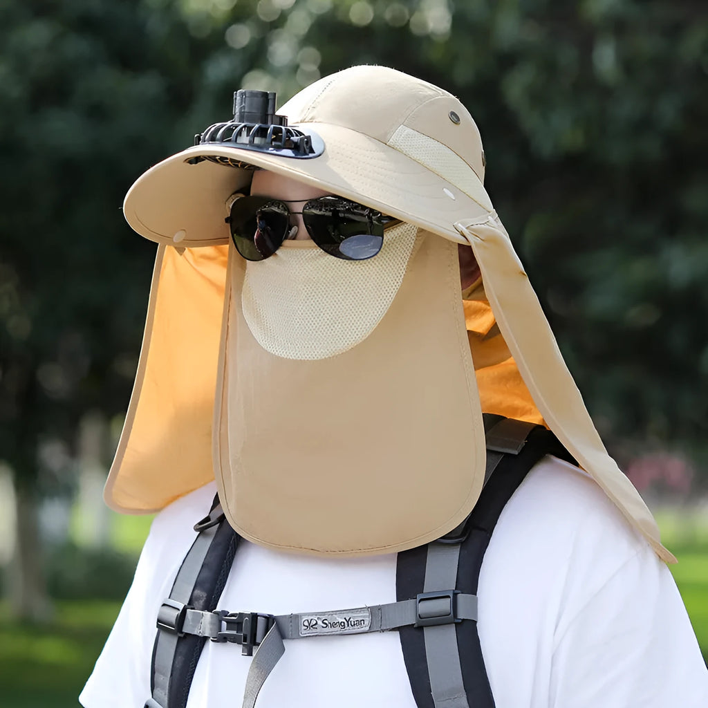Men's khaki sun protection hat with USB fan and attached face covering shawl for neck protection.