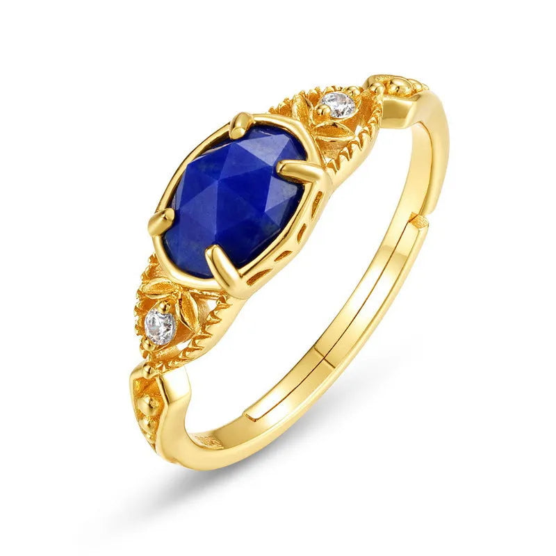 Silver alloy ellipse ring with natural lapis lazuli stone Japanese style women's jewellery