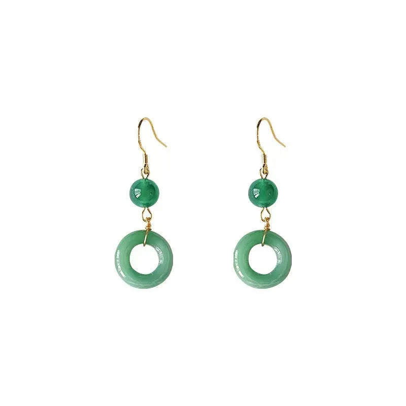 Green jade design earrings with peace buckle shape in Chinese style geometric form