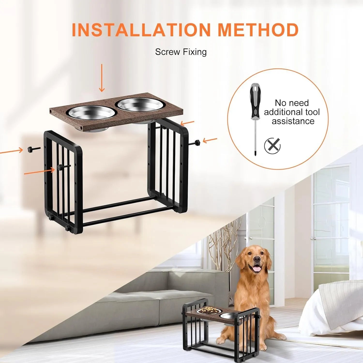 Black wooden dog bowl bracket stand with non-slip base, holding food and water bowls.