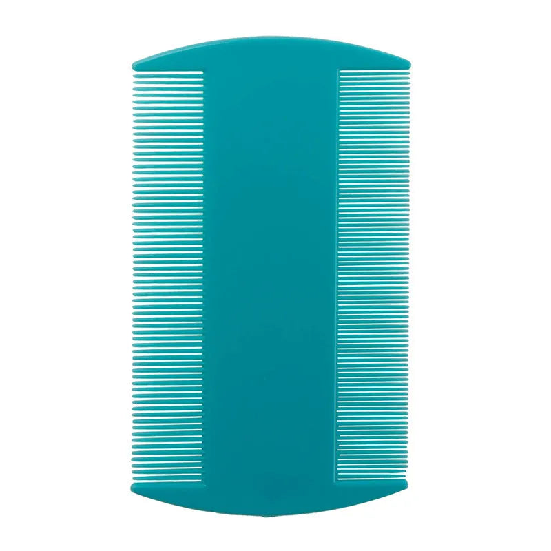 White dual-edge fine-toothed plastic comb for removing lice and fleas, shown on a blue background.