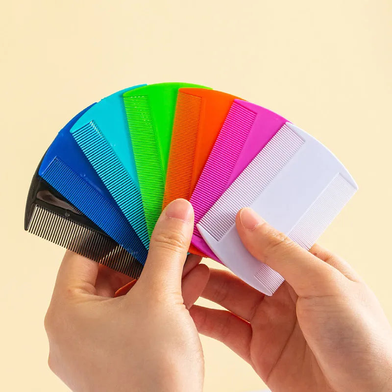 White dual-edge fine-toothed plastic comb for removing lice and fleas, shown on a blue background.