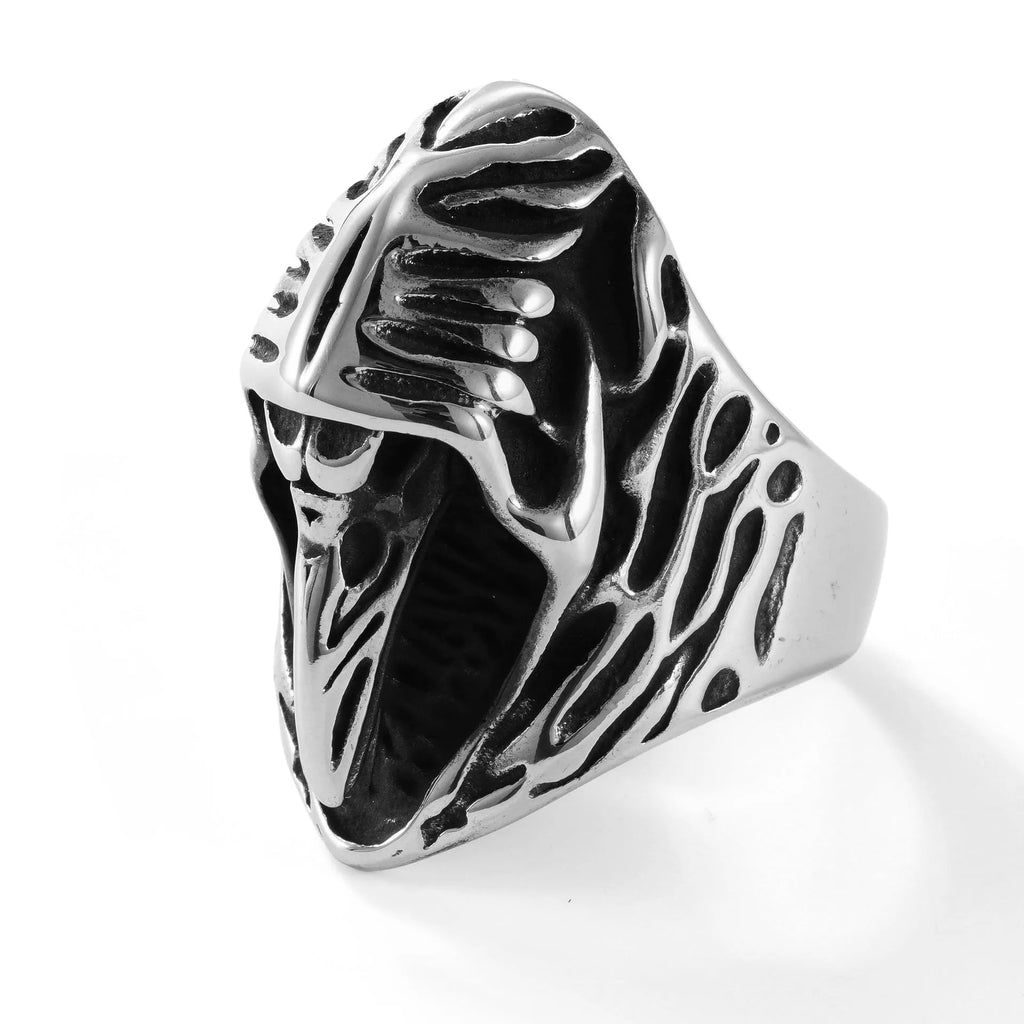 Stainless steel punk ring with detailed crow motif in geometric design, titanium steel construction