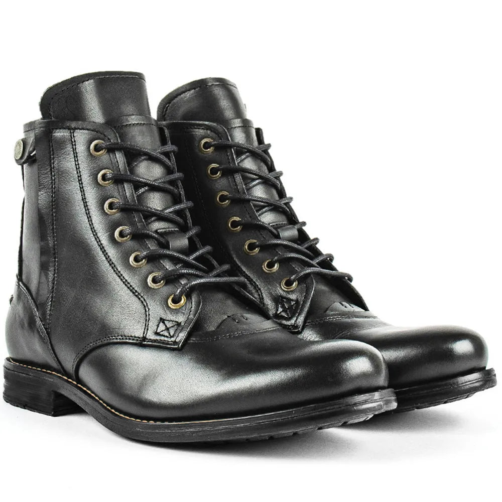 Knight Series black leather men's boots with a side zipper and low heel on a plain background.