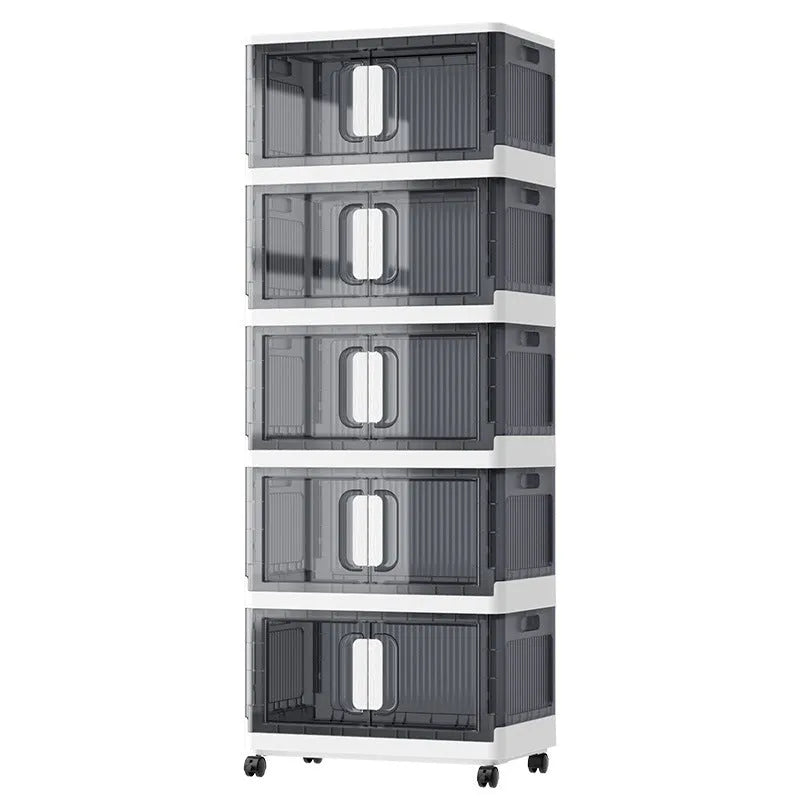 Foldable PP plastic clothes storage locker with wheels in white or grey colour options
