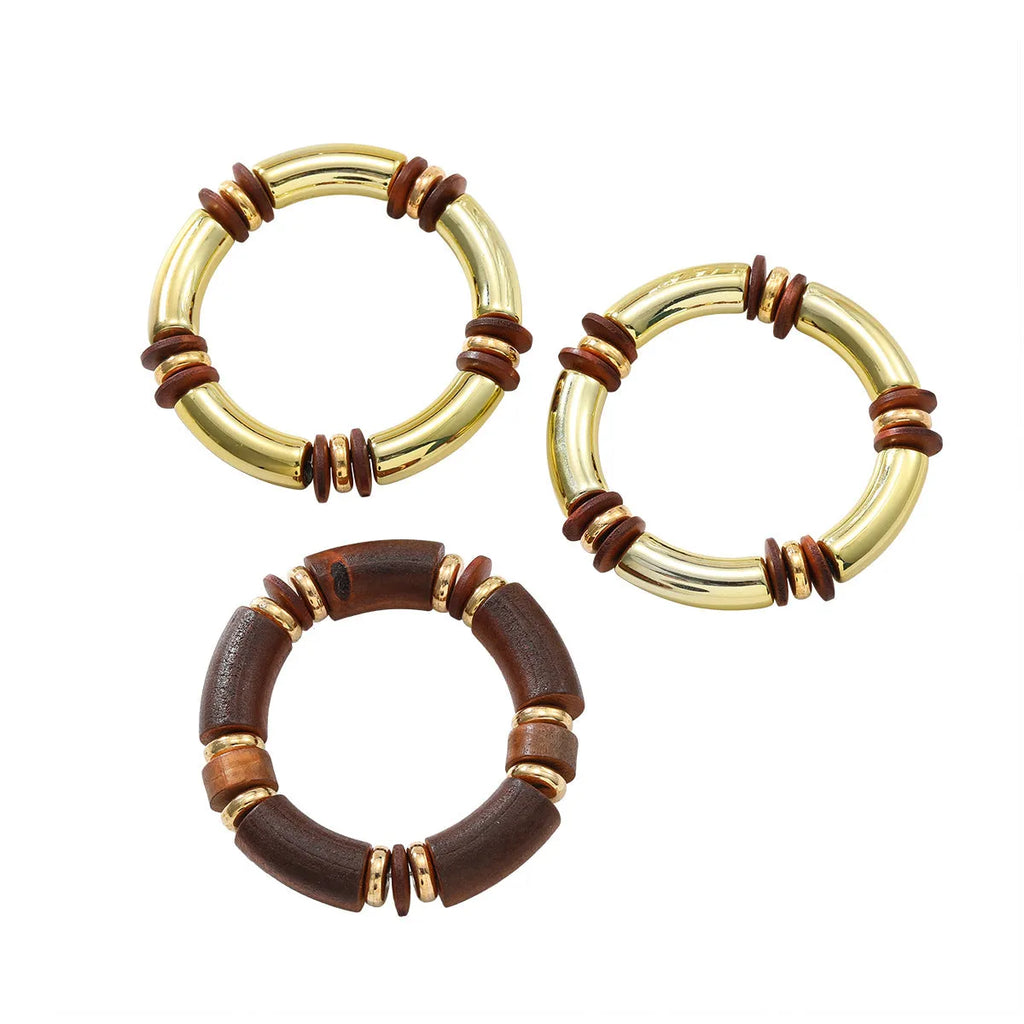 Women's multi-layer wooden necklace and bracelet set with alloy construction in European exaggerated style