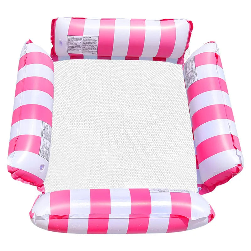 Inflatable four-tube striped floating chair on water, showing light blue longitudinal stripes and mesh centre.