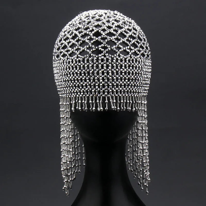 Handmade silver alloy belly dance hat with mesh decoration and long tassels