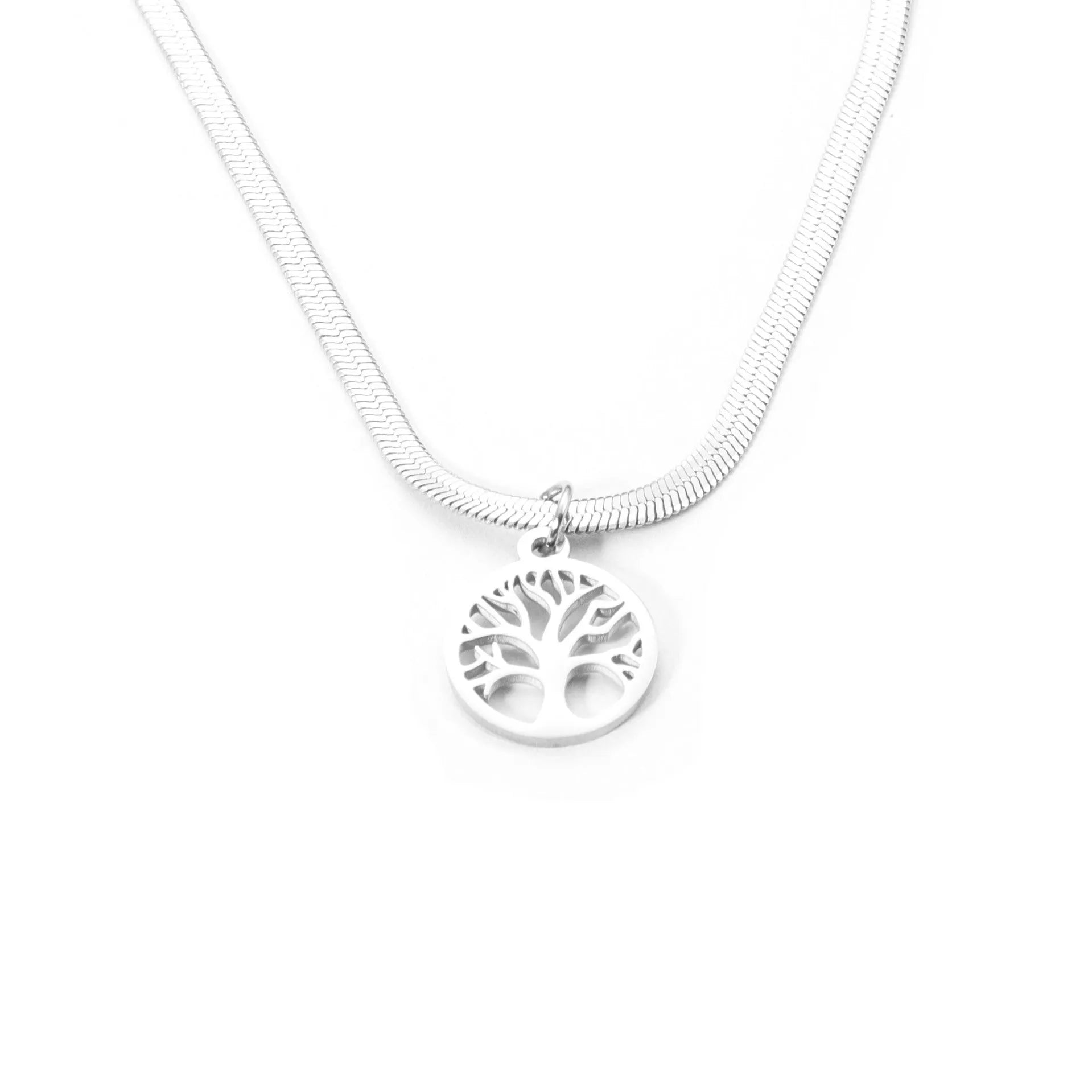 Stainless steel lucky tree necklace with snake bones chain, shown in gold and steel colour options.