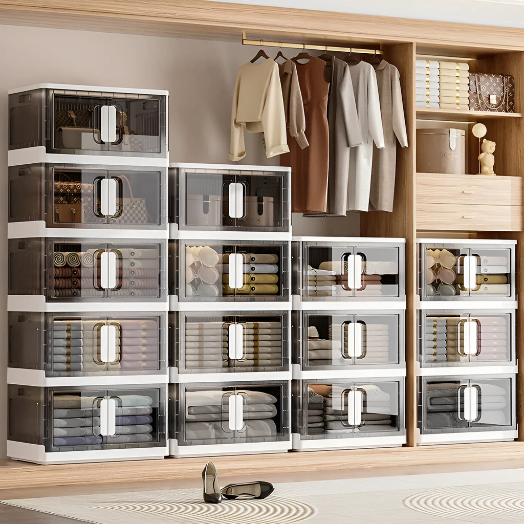 Foldable PP plastic clothes storage locker with wheels in white or grey colour options