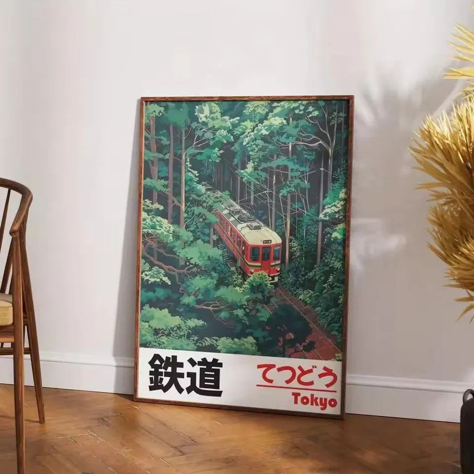 Retro Japanese railway landscape canvas print in Nordic style, unframed painting core