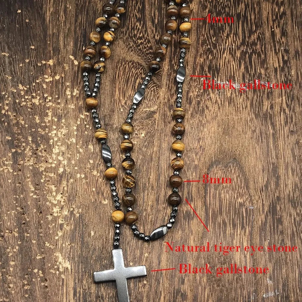 Men's stone cross pendant necklace on a ball bead chain with safety lock, 80cm length.