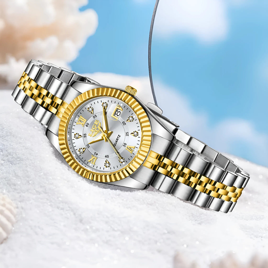 Gold and silver coloured waterproof quartz fashion watch with a 10mm thick case.