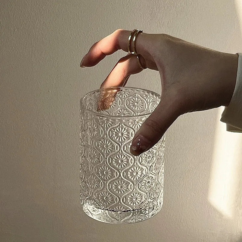 Carved begonia pattern glass water cup in solid colour showing 380ml high model and 250ml short version