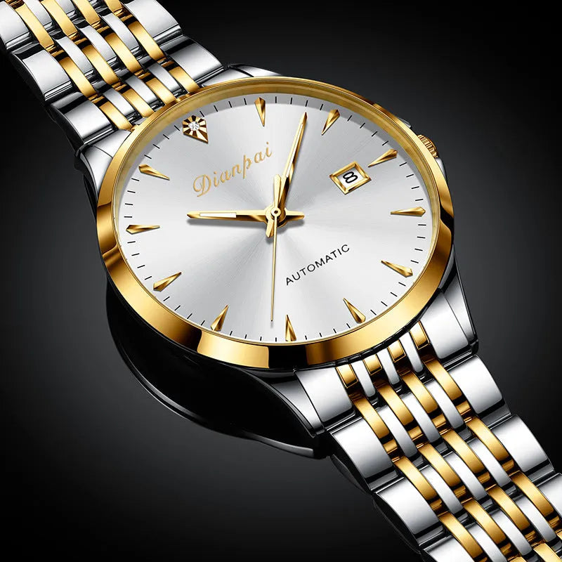 Men's stainless steel automatic mechanical watch with simple white dial and water resistance.