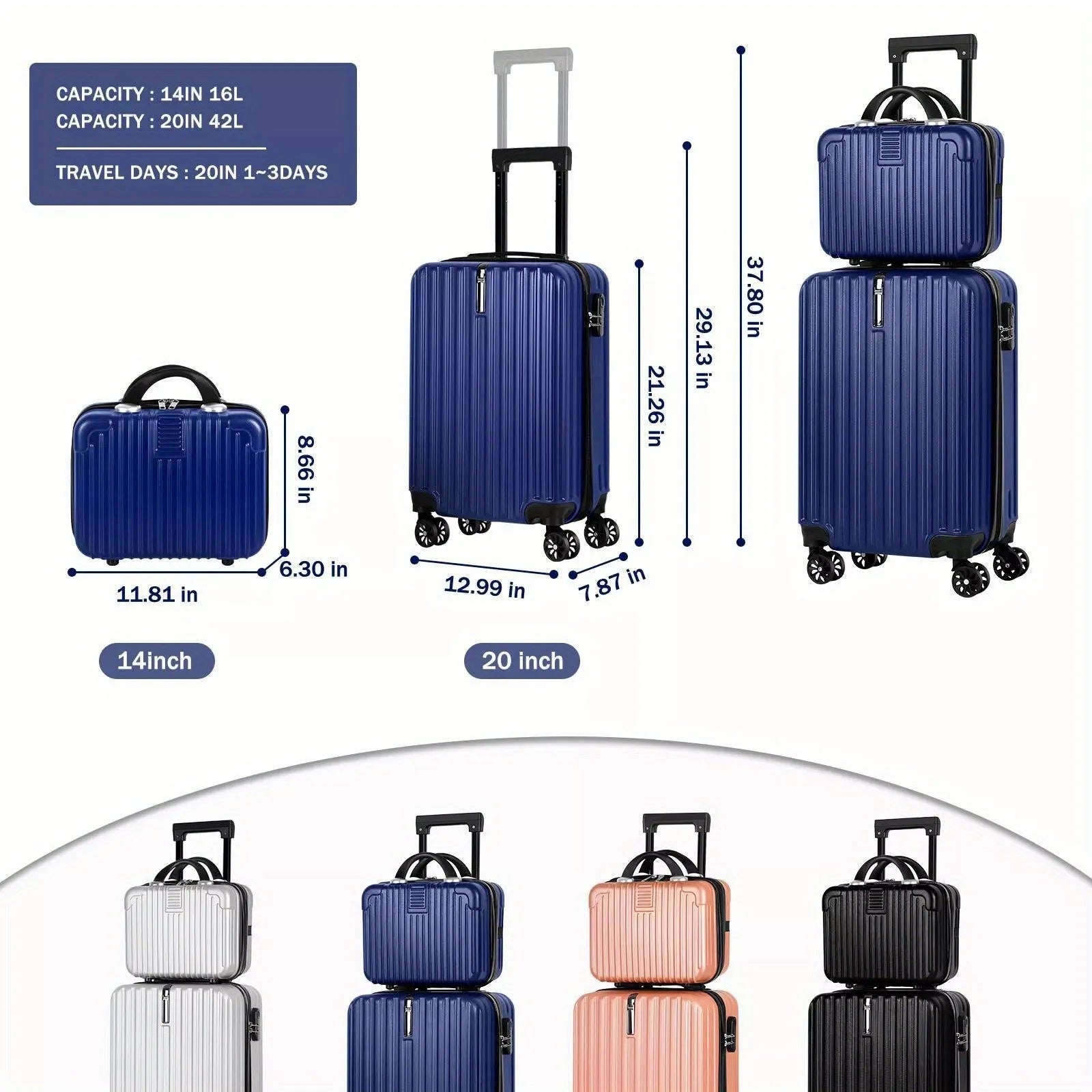 Aluminium alloy two-piece luggage set showing 14-inch carry-on and 20-inch checked suitcase