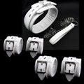 White PU sponge bondage restraint set showing handcuffs, footcuffs, and neck cuff