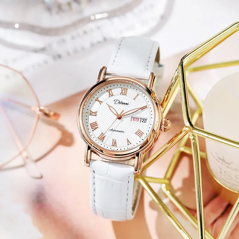 Automatic women's mechanical watch with 12mm case on steel or leather strap in various colours.
