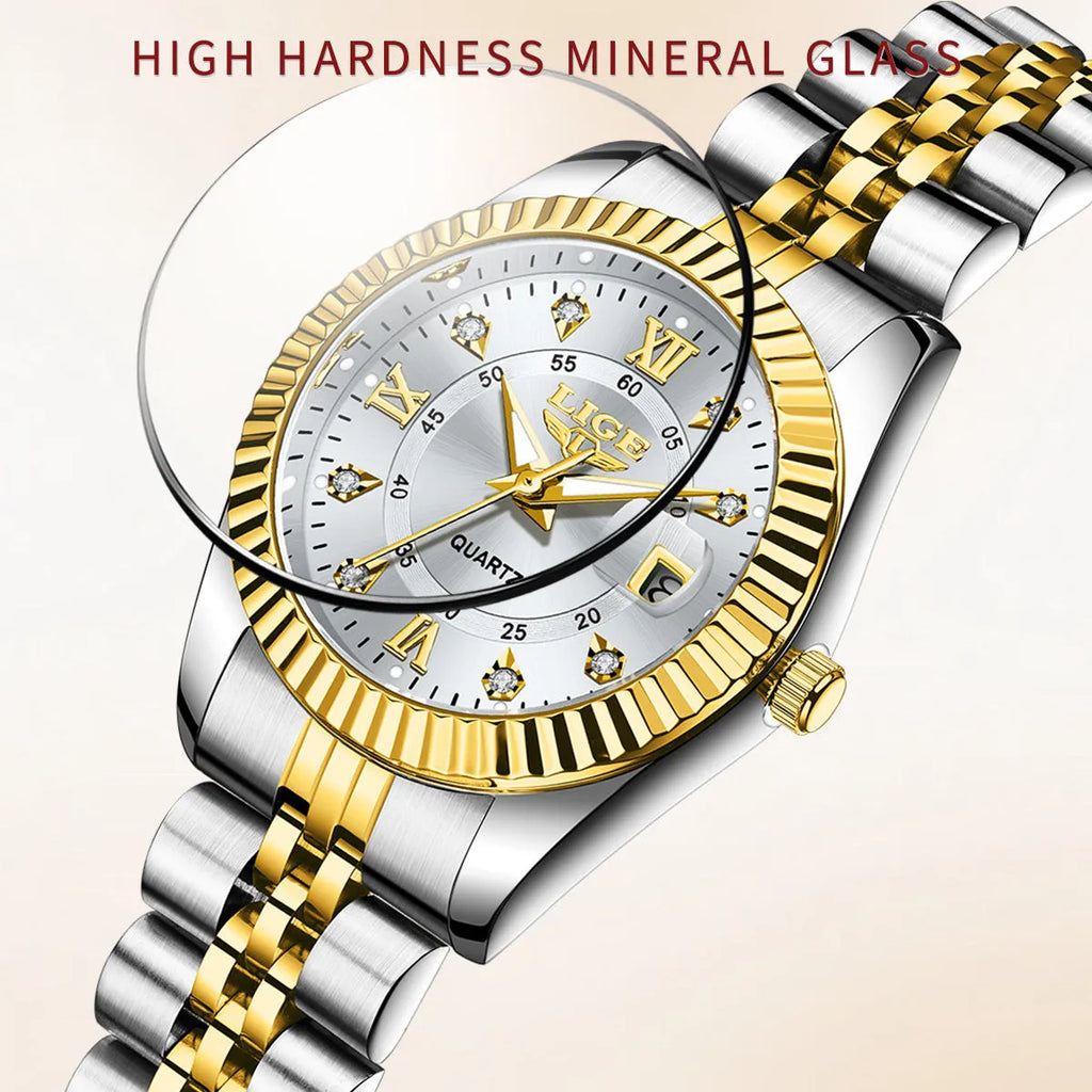 Gold and silver coloured waterproof quartz fashion watch with a 10mm thick case.