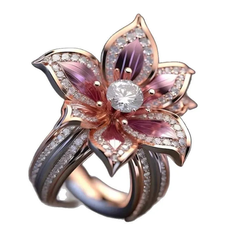 Gold-coloured alloy flower ring for women with lily design, shown in sizes 6 to 10