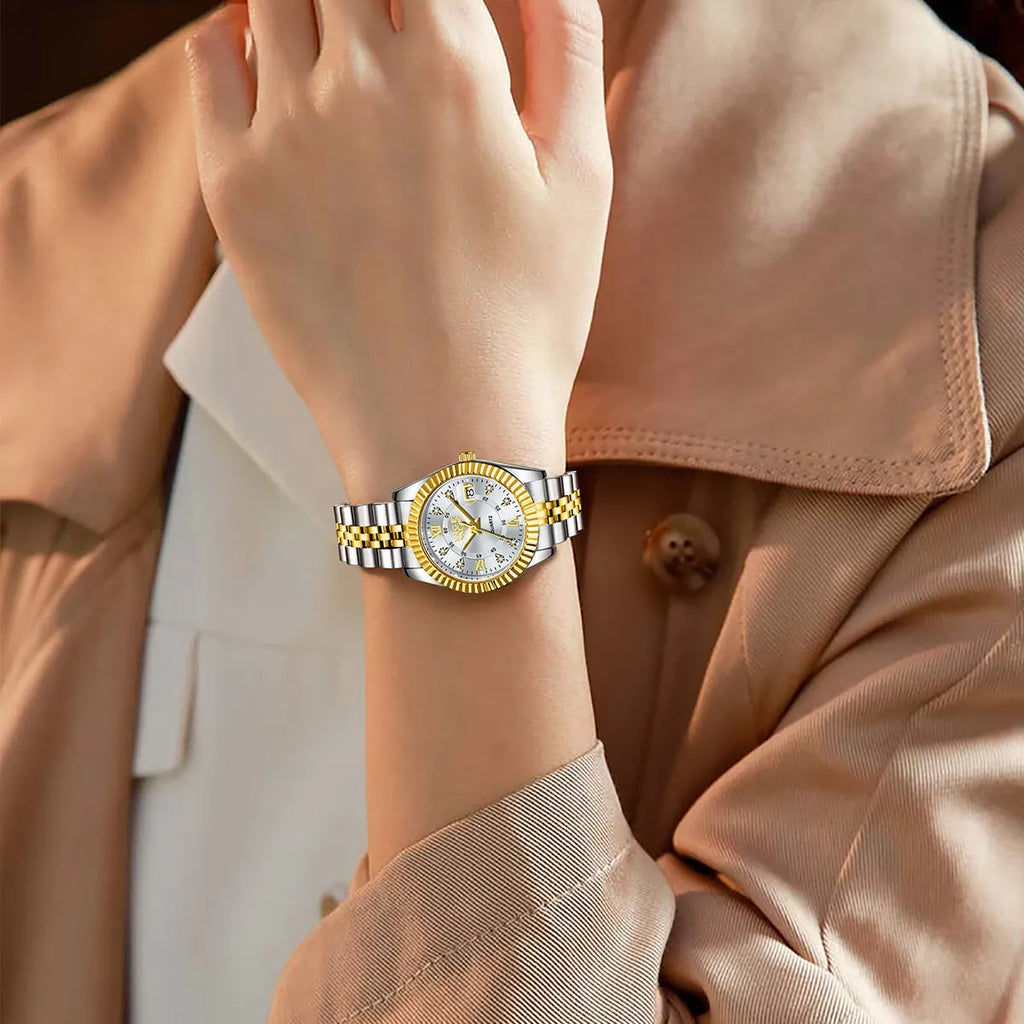 Gold and silver coloured waterproof quartz fashion watch with a 10mm thick case.