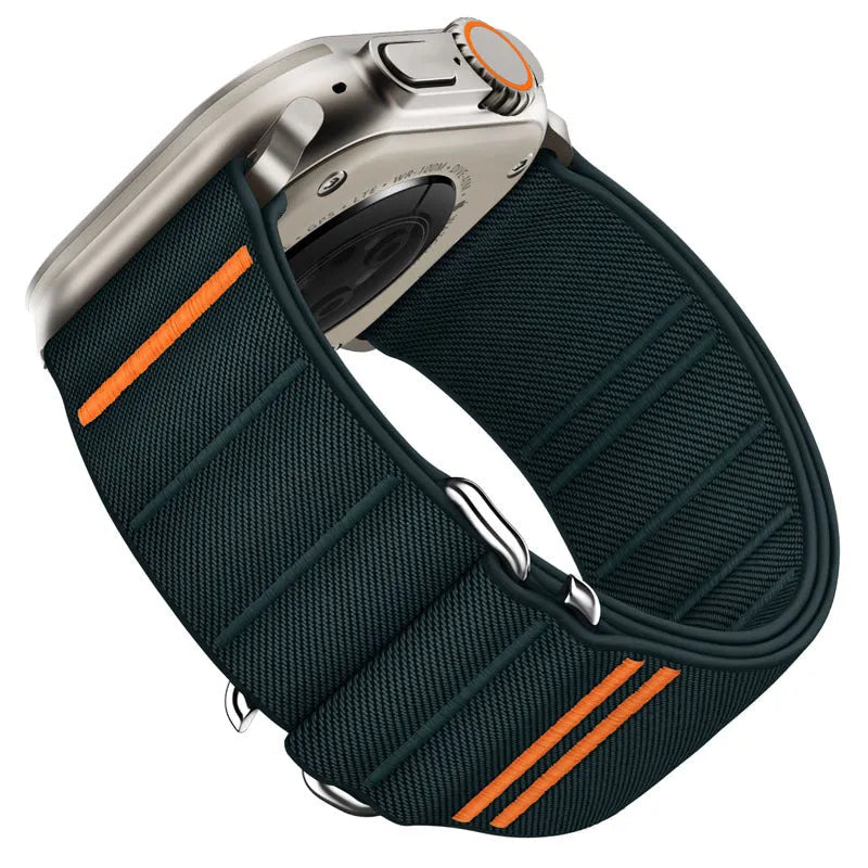Elastic nylon Apple Watch replacement band with stainless steel buckle in Army Green colour