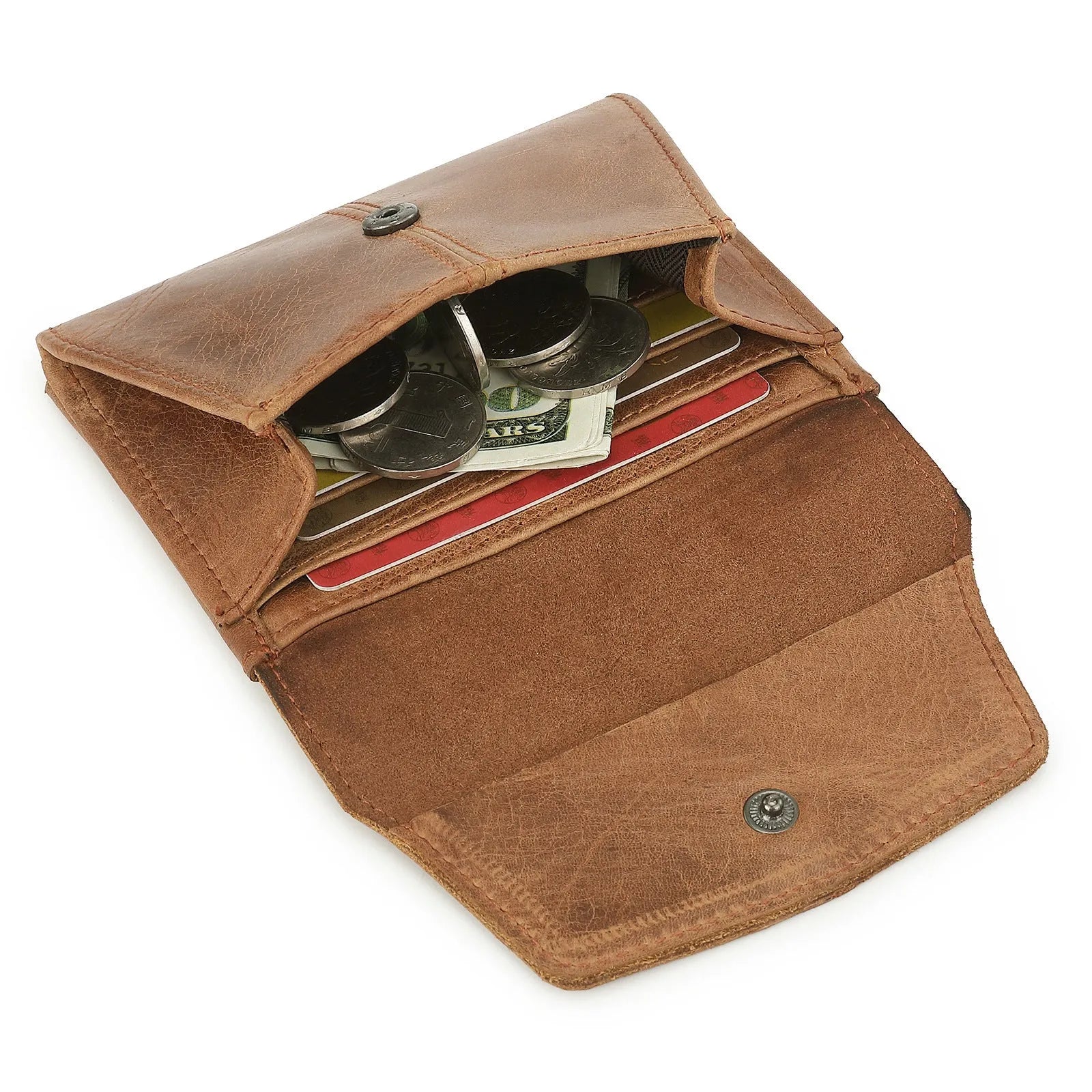 Genuine first layer cowhide coin purse in solid colour with stitching and lock, black variant