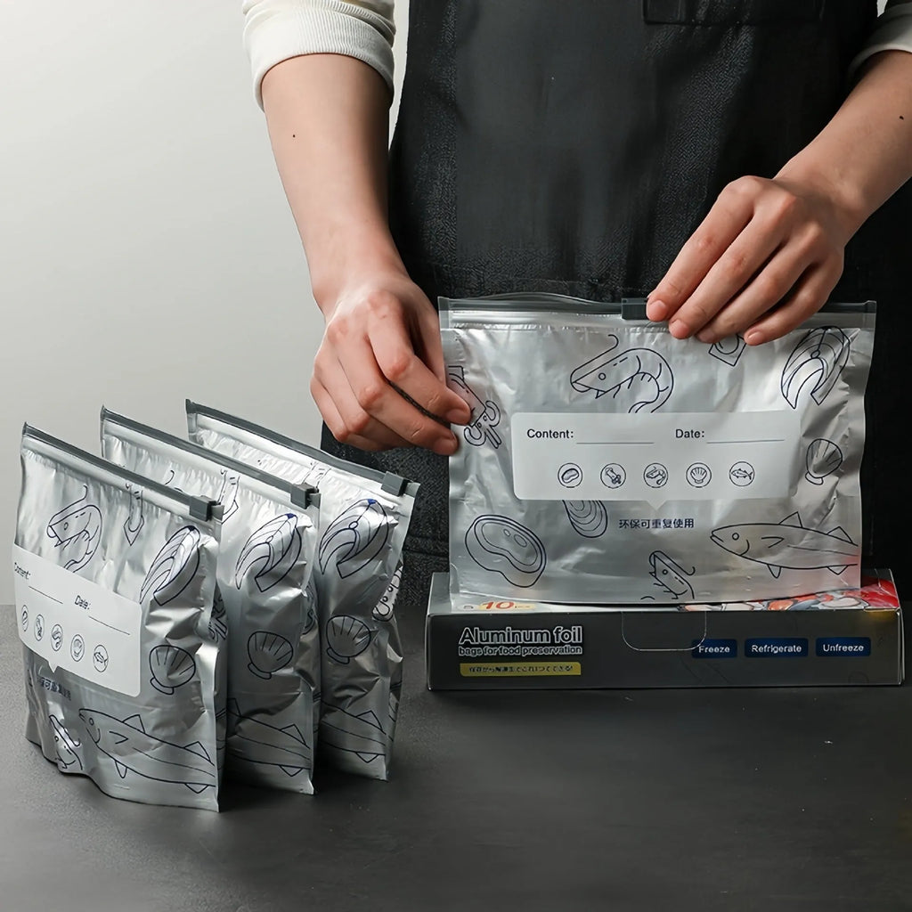 Pack of aluminium foil sealed bags in small, medium, and large sizes with bag and box style options