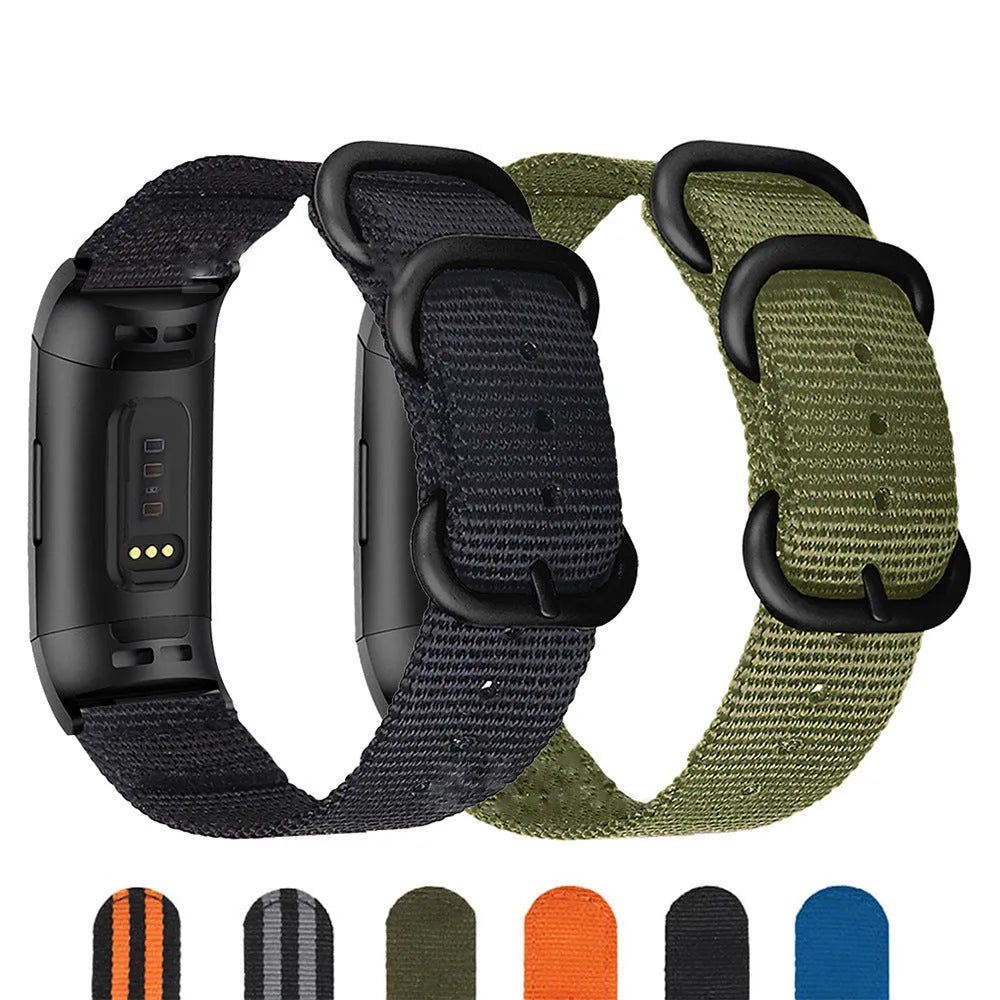Army Green nylon replacement strap with three-ring buckle for Fitbit Charge 2, 3, 4, and 5 fitness trackers.
