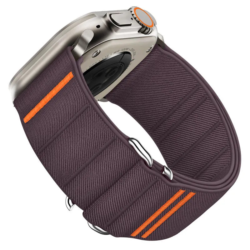 Elastic nylon Apple Watch replacement band with stainless steel buckle in Army Green colour