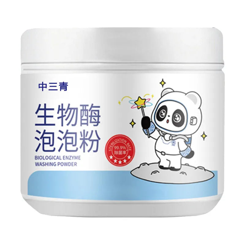 Bottle of biological enzyme bubble powder laundry detergent for stain removal.