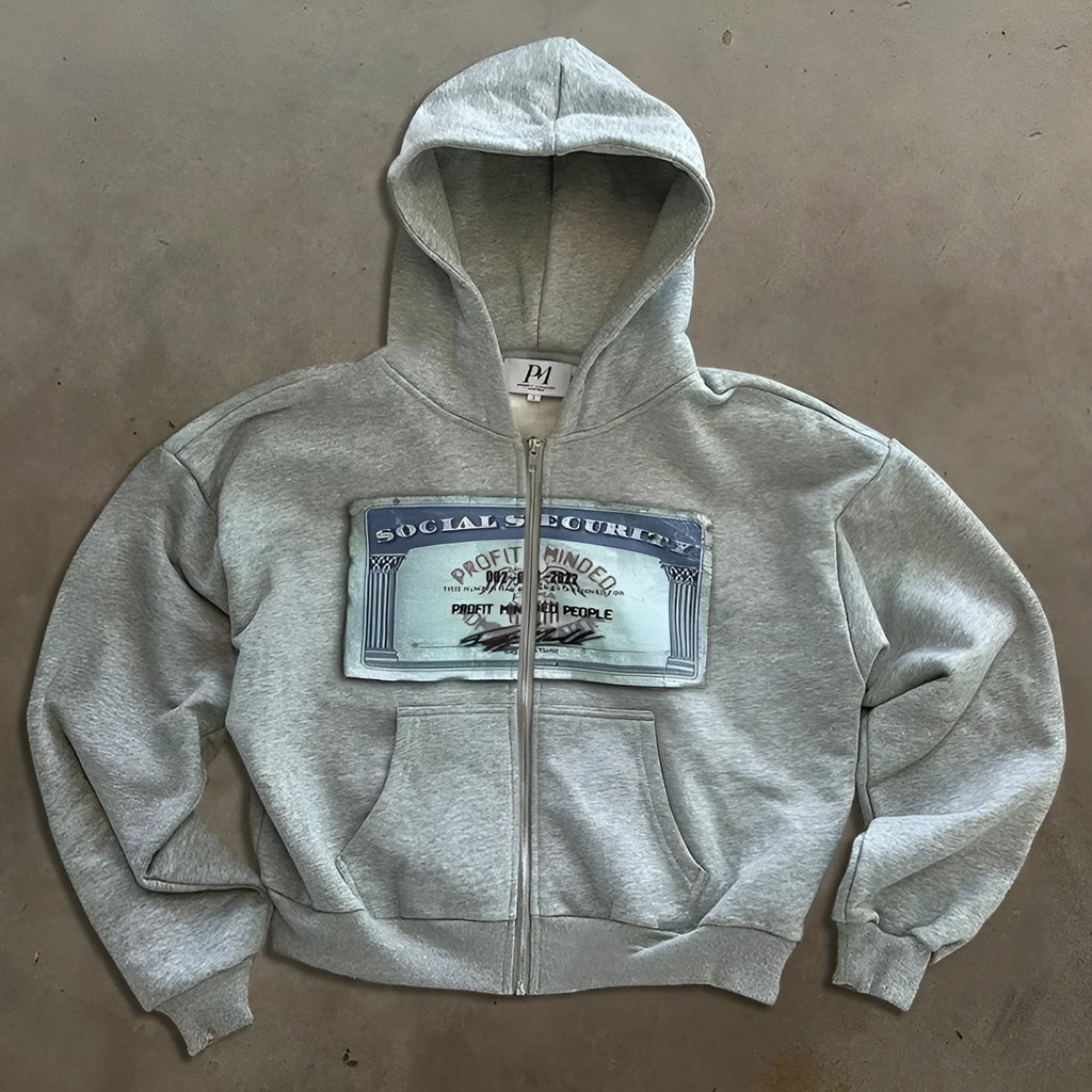 Unisex loose fit zip-up hoodie jacket with letter pattern in black, grey, or pink.