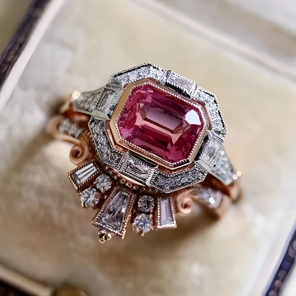 Rose gold alloy women's ring with a geometric design and ruby-coloured stone in a retro style.