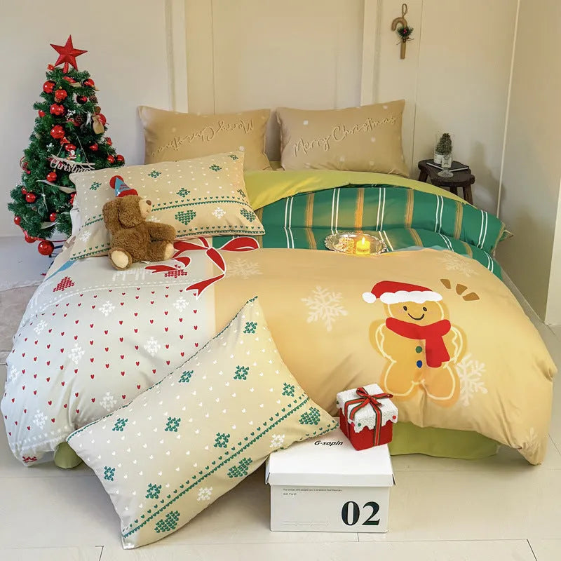 Christmas-themed cartoon printed duvet cover and pillowcase set on a bed, showing Gingerbread Man pattern.