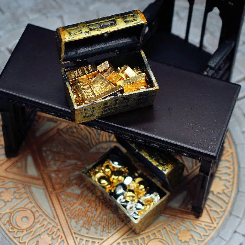 Alloy miniature gold coin treasure box doll house ornament for teenage model collections