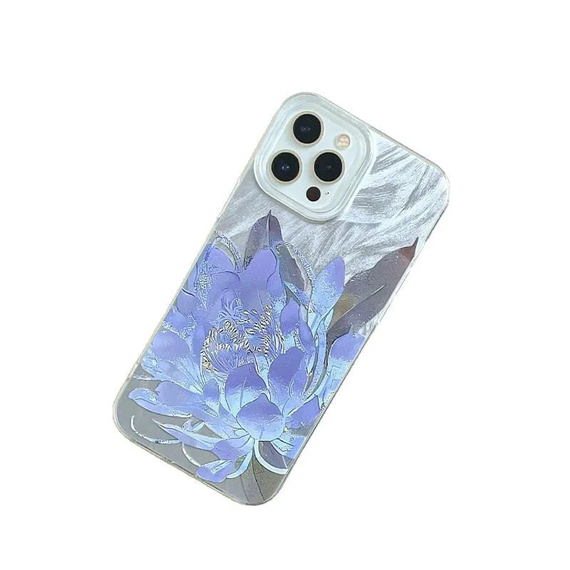 Blue Lotus pattern hard protective case for iPhone on a white background.