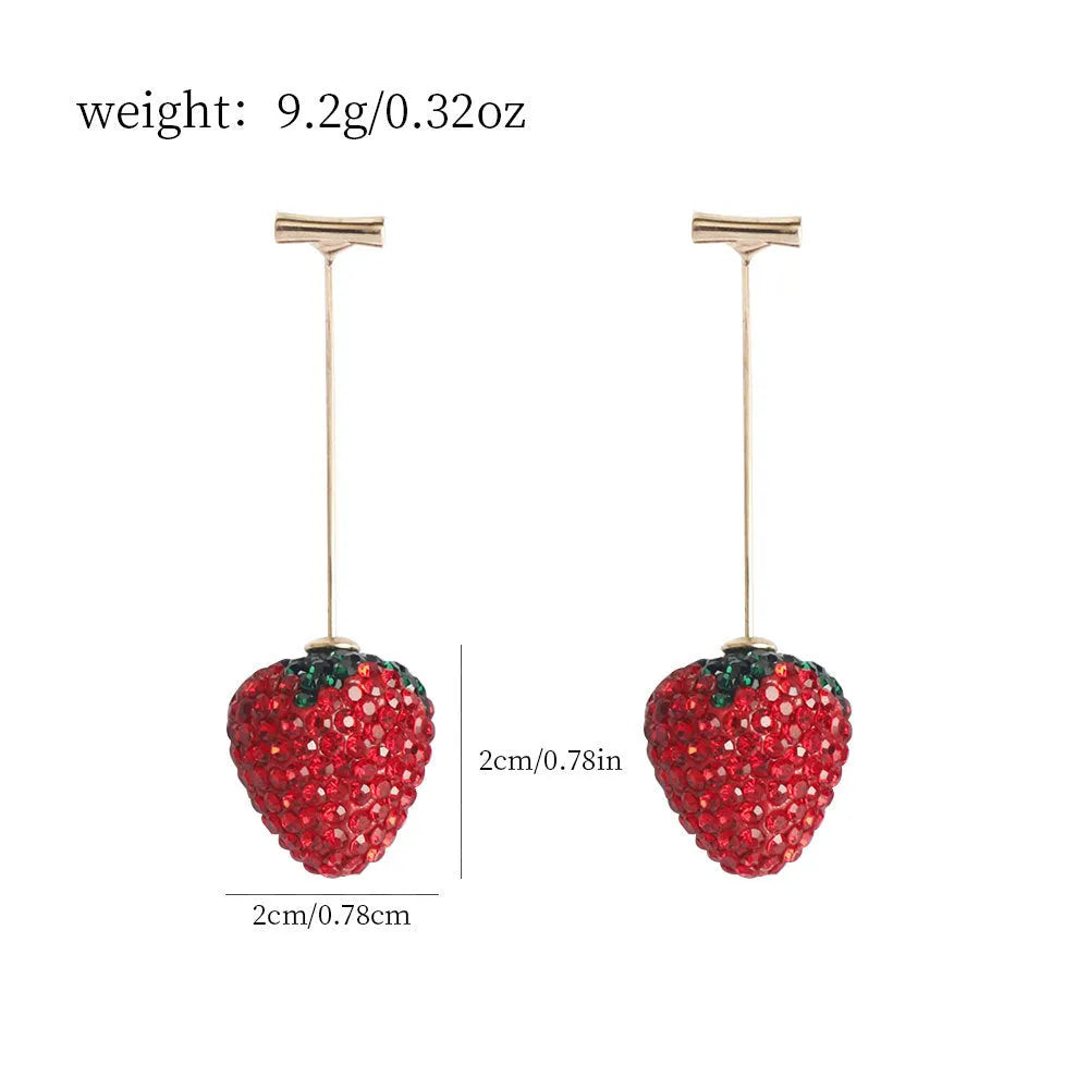Geometric red strawberry stud earrings with spot-drill texture on a zinc alloy charm.