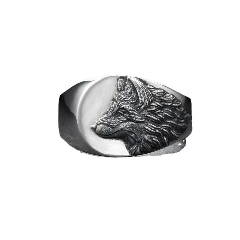 Silver geometric wolf head men's ring with alloy construction and retro styling