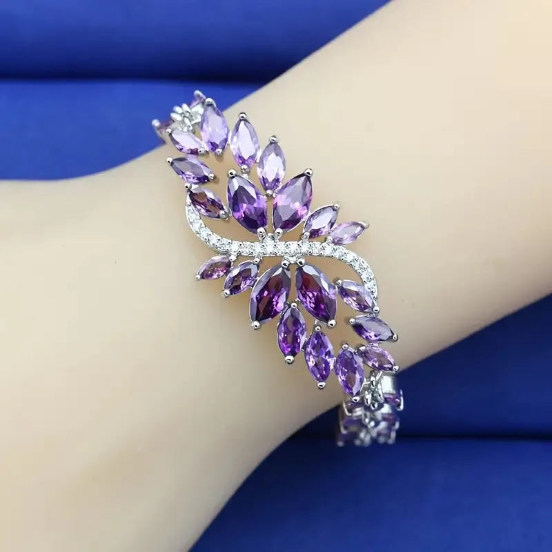 Copper bracelet with gold electroplating, micro inlaid zircon stones and ice flowers design in multiple colour options