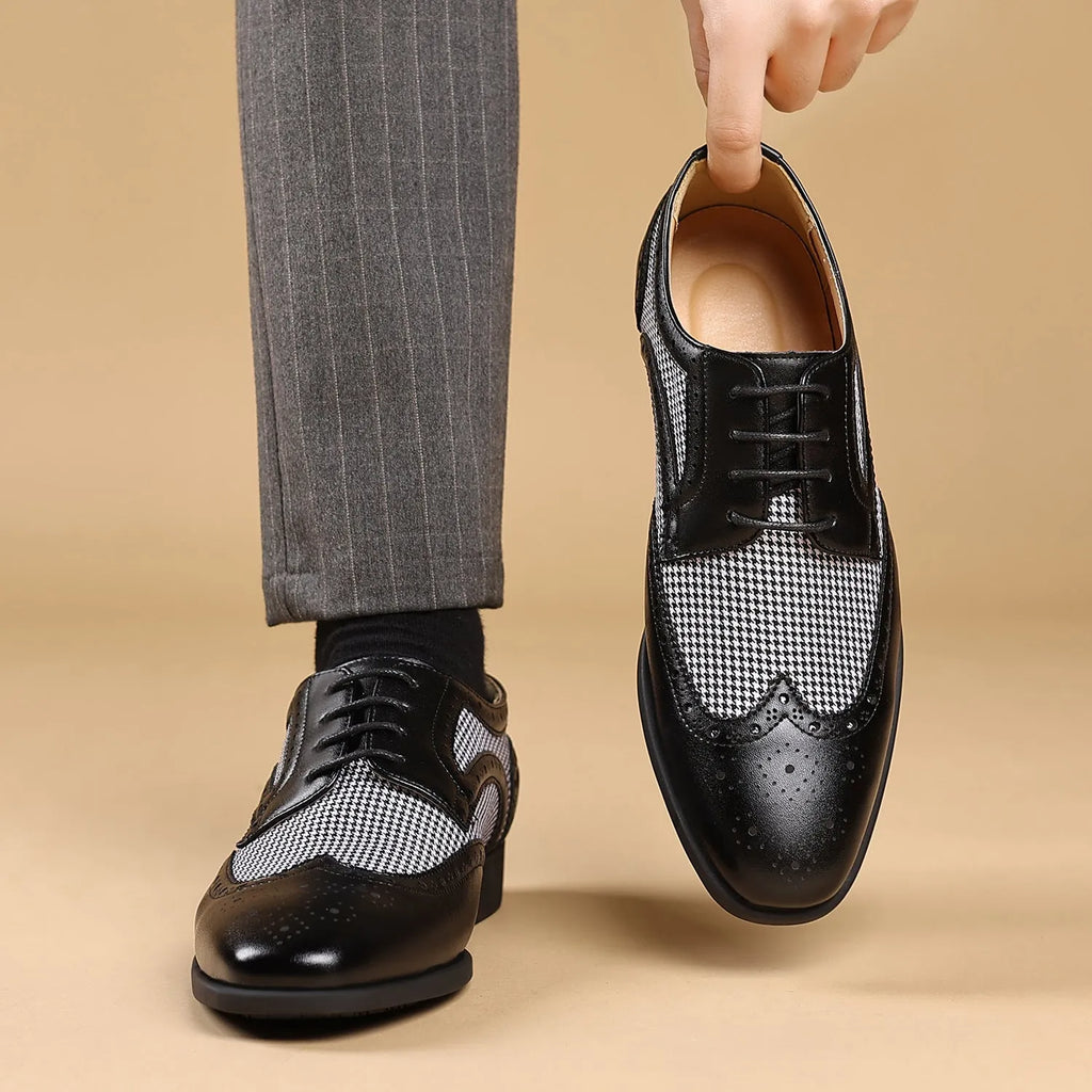Men's black houndstooth check casual shoes with square toe and lace-up front.