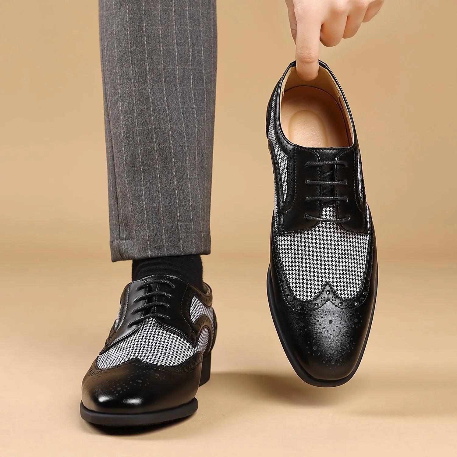 Men's black houndstooth check casual shoes with square toe and lace-up front.