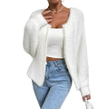 White women's V-neck cardigan sweater with medium thickness and normal length