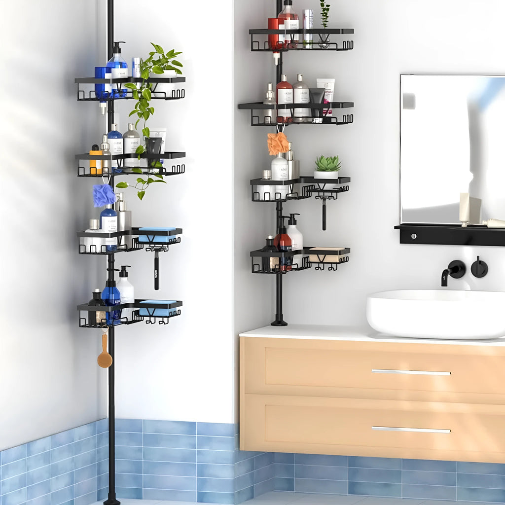 Retractable four-tier metal bathroom storage rack with a modern design