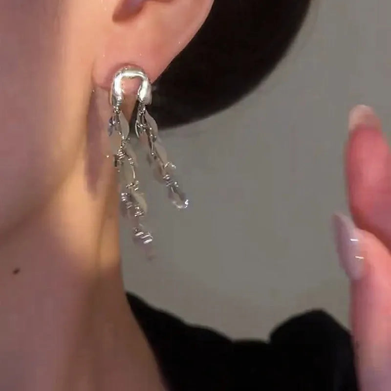 Silver wheat earrings with long fringe tassel and geometric metal design, electroplated drop earrings for women